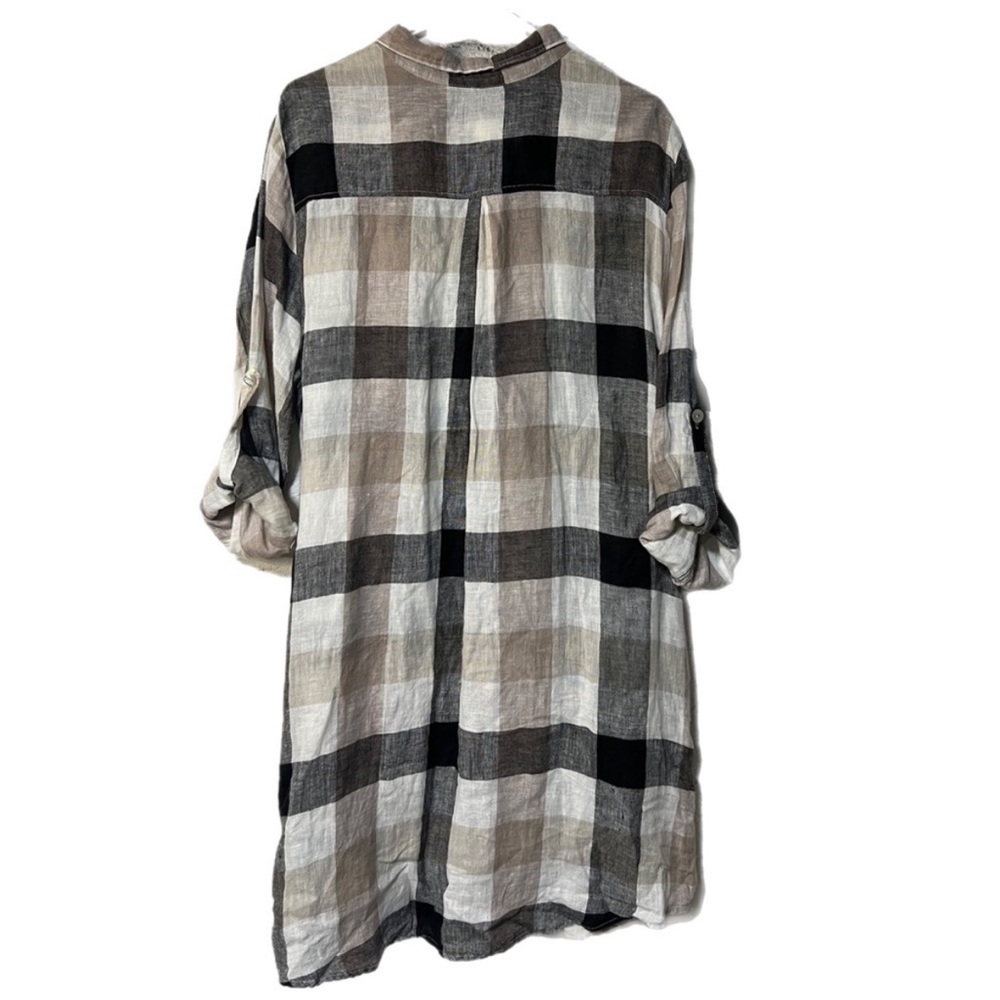 Match Point Linen Plaid Button Down Shirt Dress Tunic Size M Black Tan White - Picture 2 of 13